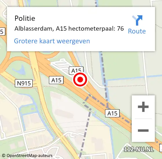 Locatie op kaart van de 112 melding: Politie Alblasserdam, A15 hectometerpaal: 76 op 6 juli 2021 16:23