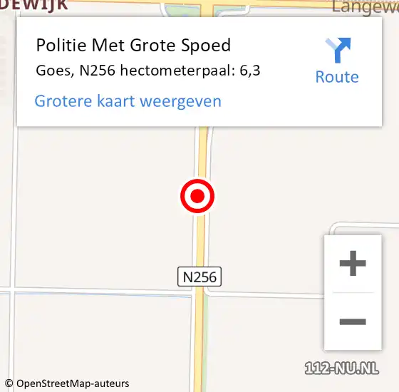 Locatie op kaart van de 112 melding: Politie Met Grote Spoed Naar Goes, N256 hectometerpaal: 6,3 op 6 juli 2021 16:46