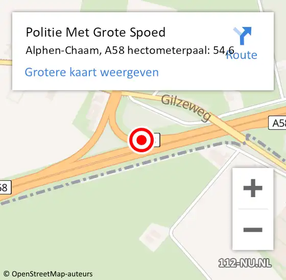 Locatie op kaart van de 112 melding: Politie Met Grote Spoed Naar Alphen-Chaam, A58 hectometerpaal: 54,6 op 6 juli 2021 17:20