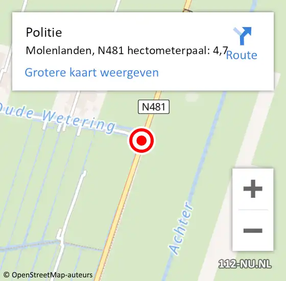 Locatie op kaart van de 112 melding: Politie Molenwaard, N481 hectometerpaal: 4,7 op 6 juli 2021 17:26