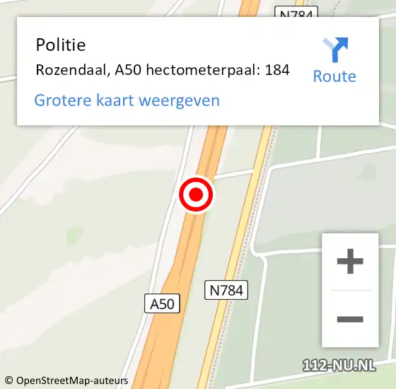 Locatie op kaart van de 112 melding: Politie Rozendaal, A50 hectometerpaal: 184 op 6 juli 2021 17:55