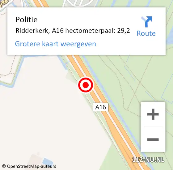 Locatie op kaart van de 112 melding: Politie Ridderkerk, A16 hectometerpaal: 29,2 op 6 juli 2021 18:15