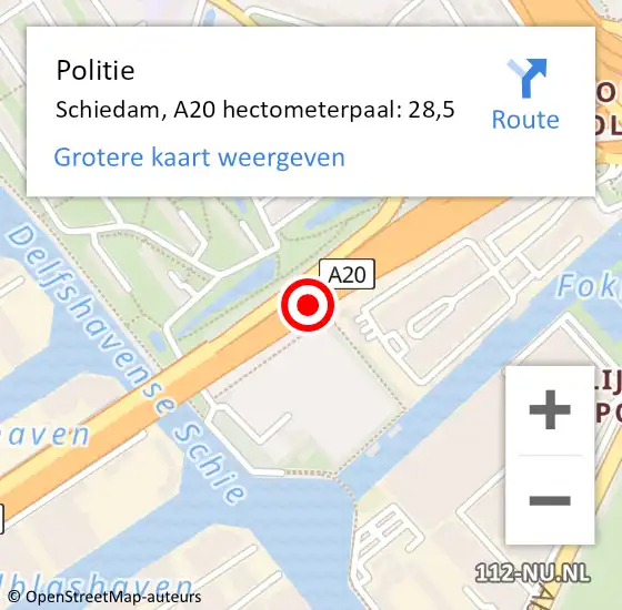 Locatie op kaart van de 112 melding: Politie Rotterdam, A20 hectometerpaal: 28,5 op 6 juli 2021 20:45