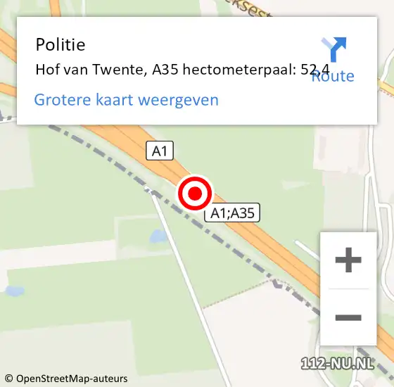 Locatie op kaart van de 112 melding: Politie Hof van Twente, A35 hectometerpaal: 52,4 op 6 juli 2021 21:57