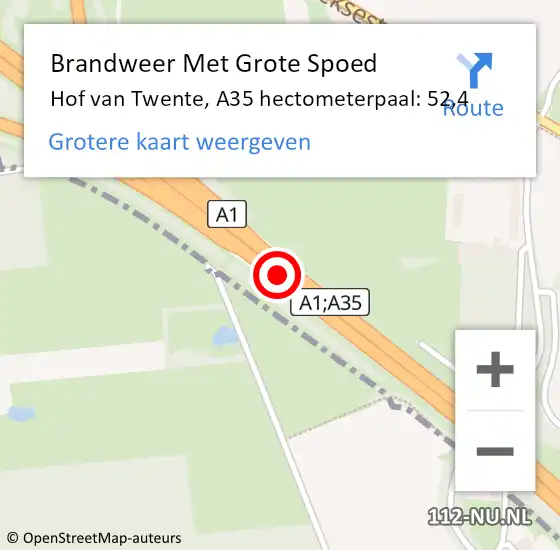 Locatie op kaart van de 112 melding: Brandweer Met Grote Spoed Naar Hof van Twente, A35 hectometerpaal: 52,4 op 6 juli 2021 21:58