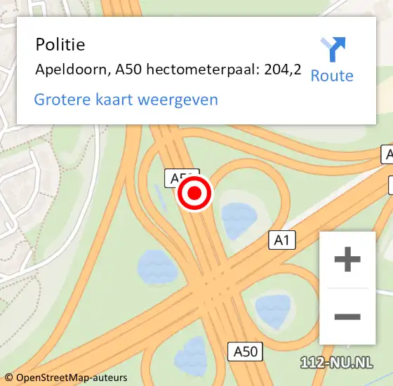 Locatie op kaart van de 112 melding: Politie Apeldoorn, A50 hectometerpaal: 204,2 op 7 juli 2021 00:23