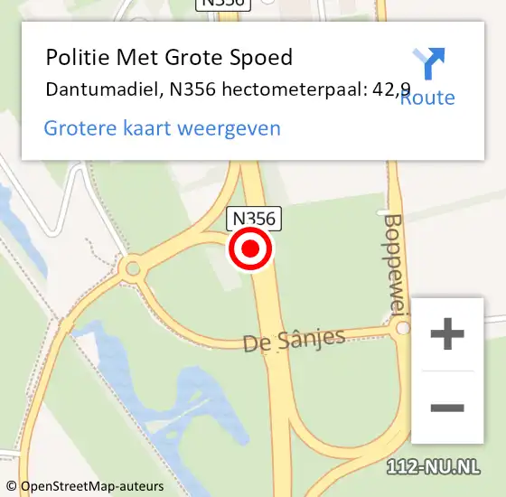 Locatie op kaart van de 112 melding: Politie Met Grote Spoed Naar Dantumadiel, N356 hectometerpaal: 42,9 op 7 juli 2021 05:36