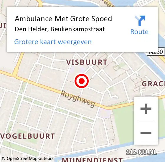 Locatie op kaart van de 112 melding: Ambulance Met Grote Spoed Naar Den Helder, Beukenkampstraat op 7 juli 2021 06:31