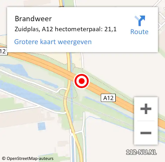 Locatie op kaart van de 112 melding: Brandweer Zuidplas, A12 hectometerpaal: 21,1 op 7 juli 2021 07:29