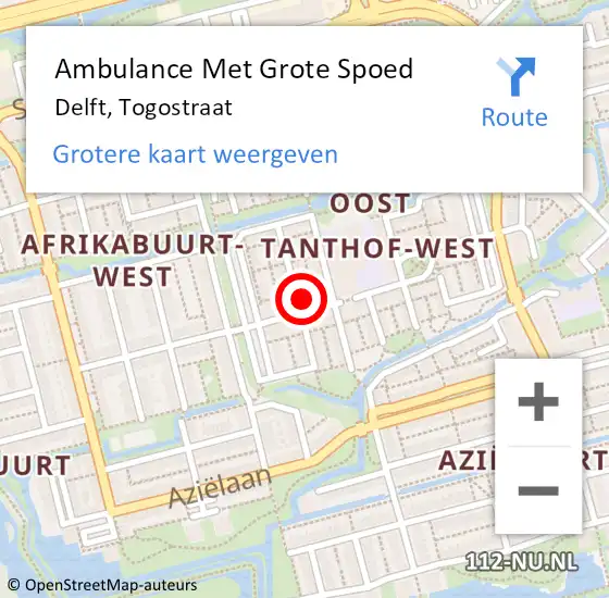 Locatie op kaart van de 112 melding: Ambulance Met Grote Spoed Naar Delft, Togostraat op 7 juli 2021 10:40