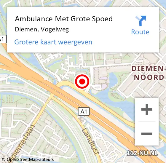 Locatie op kaart van de 112 melding: Ambulance Met Grote Spoed Naar Diemen, Vogelweg op 7 juli 2021 11:36