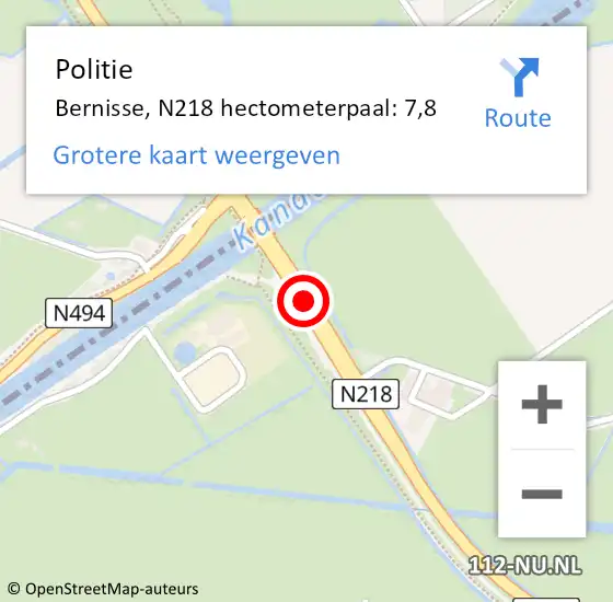 Locatie op kaart van de 112 melding: Politie Bernisse, N218 hectometerpaal: 7,8 op 7 juli 2021 13:38