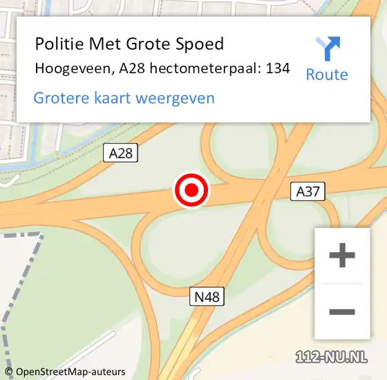 Locatie op kaart van de 112 melding: Politie Met Grote Spoed Naar Hoogeveen, A28 hectometerpaal: 134 op 7 juli 2021 14:29