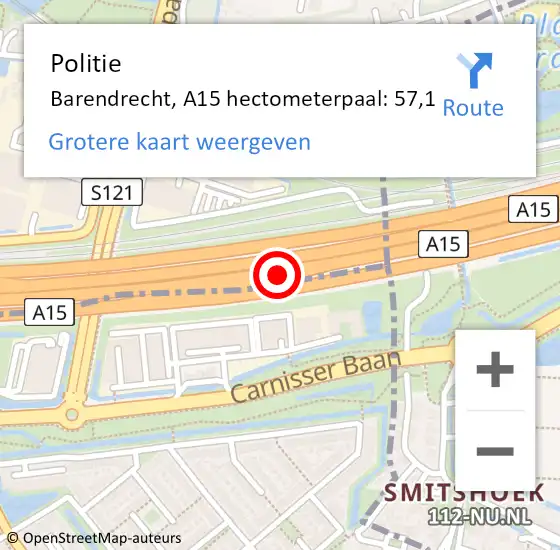 Locatie op kaart van de 112 melding: Politie Barendrecht, A15 hectometerpaal: 57,1 op 7 juli 2021 14:30