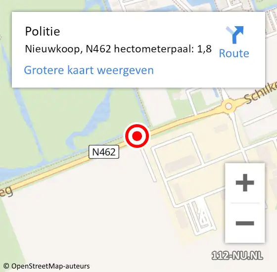 Locatie op kaart van de 112 melding: Politie Nieuwkoop, N462 hectometerpaal: 1,8 op 7 juli 2021 15:08