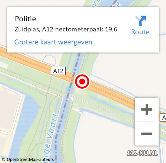 Locatie op kaart van de 112 melding: Politie Zuidplas, A12 hectometerpaal: 19,6 op 7 juli 2021 15:52