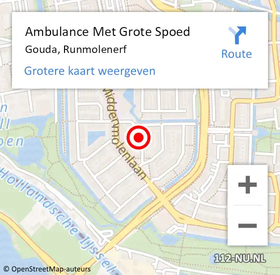 Locatie op kaart van de 112 melding: Ambulance Met Grote Spoed Naar Gouda, Runmolenerf op 7 juli 2021 16:43