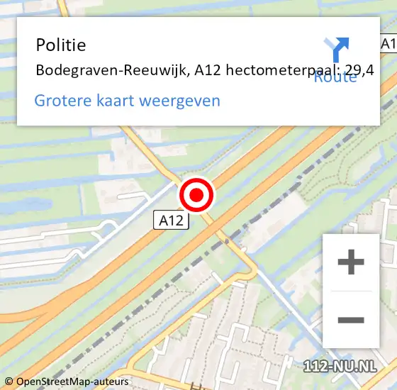 Locatie op kaart van de 112 melding: Politie Bodegraven-Reeuwijk, A12 hectometerpaal: 29,4 op 7 juli 2021 17:14