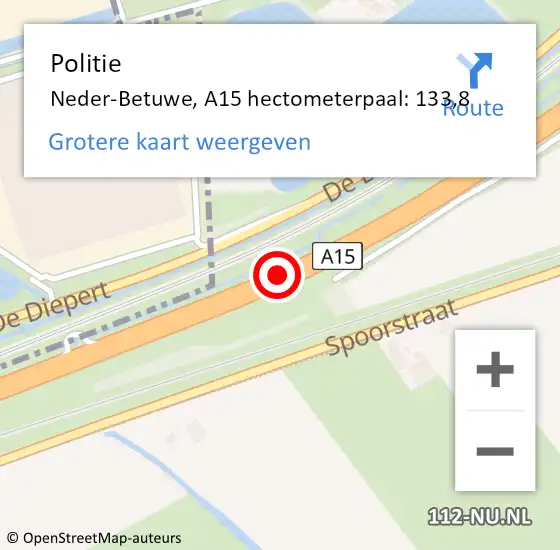 Locatie op kaart van de 112 melding: Politie Neder-Betuwe, A15 hectometerpaal: 133,8 op 7 juli 2021 17:27