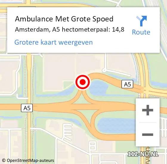 Locatie op kaart van de 112 melding: Ambulance Met Grote Spoed Naar Amsterdam, A5 hectometerpaal: 14,8 op 7 juli 2021 17:31