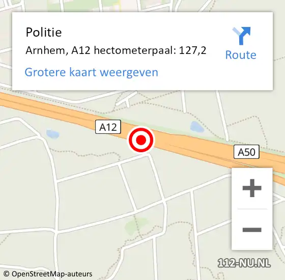 Locatie op kaart van de 112 melding: Politie Arnhem, A12 hectometerpaal: 127,2 op 7 juli 2021 18:56