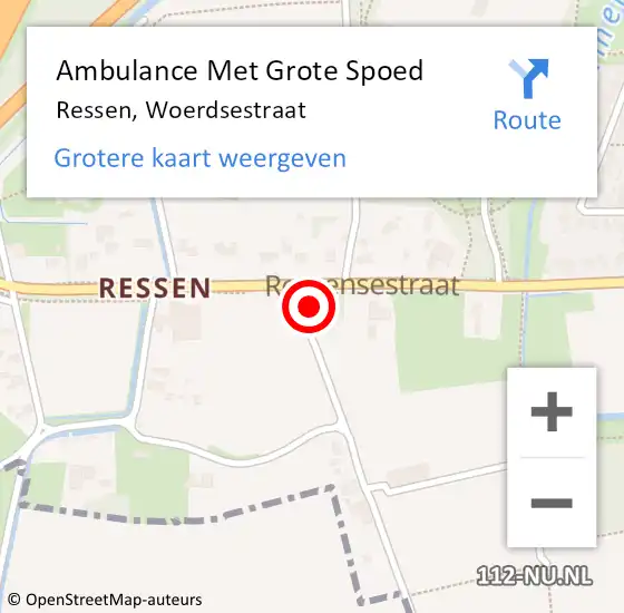 Locatie op kaart van de 112 melding: Ambulance Met Grote Spoed Naar Ressen, Woerdsestraat op 15 juni 2014 18:20