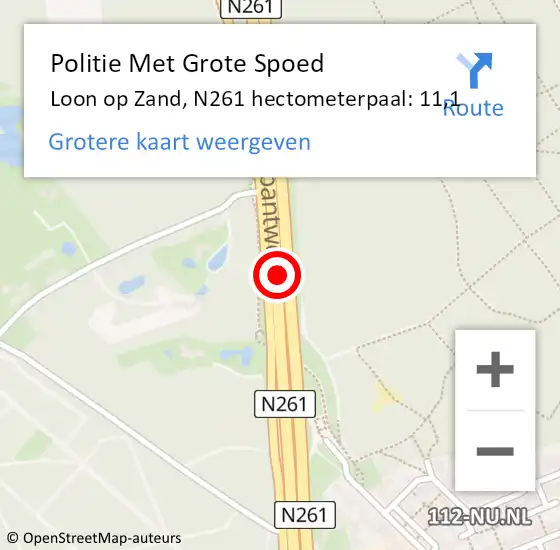 Locatie op kaart van de 112 melding: Politie Met Grote Spoed Naar Loon op Zand, N261 hectometerpaal: 11,1 op 7 juli 2021 21:04