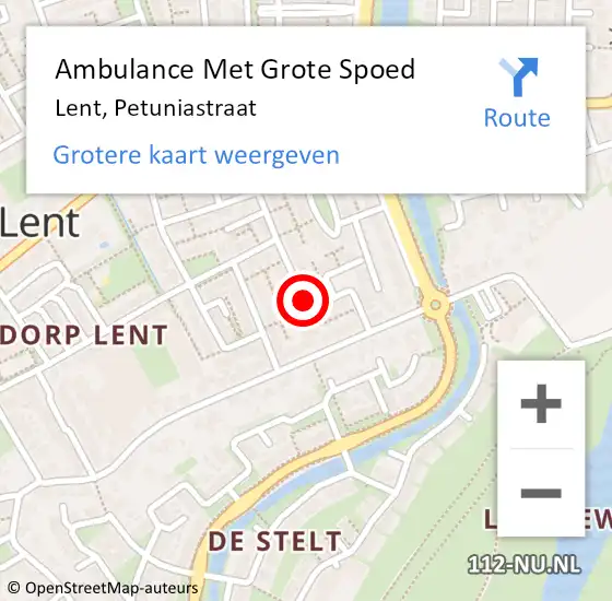 Locatie op kaart van de 112 melding: Ambulance Met Grote Spoed Naar Lent, Petuniastraat op 7 juli 2021 21:04