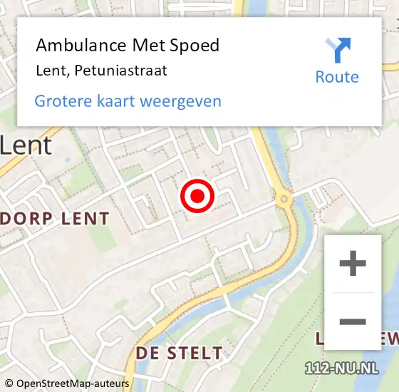 Locatie op kaart van de 112 melding: Ambulance Met Spoed Naar Lent, Petuniastraat op 7 juli 2021 21:22