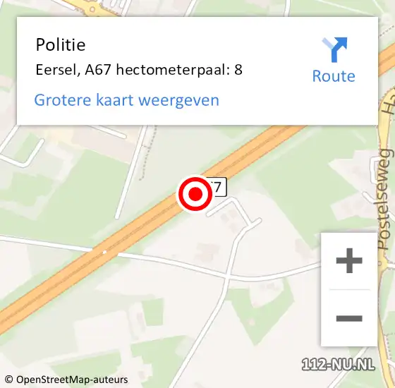 Locatie op kaart van de 112 melding: Politie Eersel, A67 hectometerpaal: 8 op 8 juli 2021 02:05