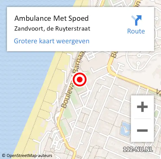 Locatie op kaart van de 112 melding: Ambulance Met Spoed Naar Zandvoort, de Ruyterstraat op 8 juli 2021 05:05