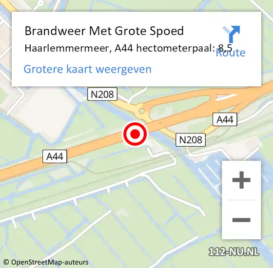 Locatie op kaart van de 112 melding: Brandweer Met Grote Spoed Naar Haarlemmermeer, A44 hectometerpaal: 8,5 op 8 juli 2021 05:49