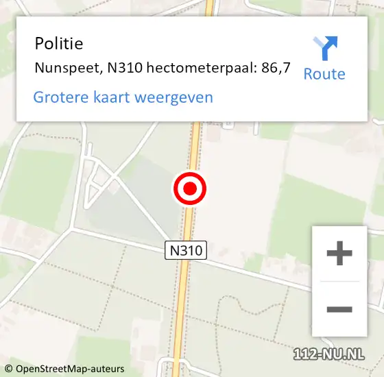 Locatie op kaart van de 112 melding: Politie Nunspeet, N310 hectometerpaal: 86,7 op 8 juli 2021 08:30