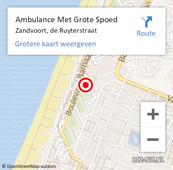 Locatie op kaart van de 112 melding: Ambulance Met Grote Spoed Naar Zandvoort, de Ruyterstraat op 8 juli 2021 09:14