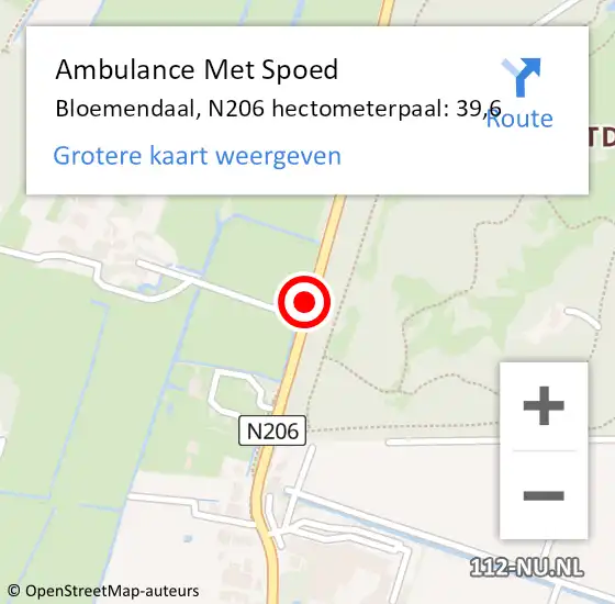 Locatie op kaart van de 112 melding: Ambulance Met Spoed Naar Bloemendaal, N206 hectometerpaal: 39,6 op 8 juli 2021 12:37