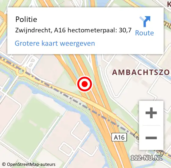 Locatie op kaart van de 112 melding: Politie Zwijndrecht, A16 hectometerpaal: 30,7 op 8 juli 2021 14:12