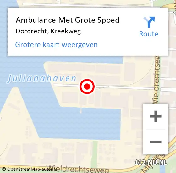 Locatie op kaart van de 112 melding: Ambulance Met Grote Spoed Naar Dordrecht, Kreekweg op 8 juli 2021 15:03