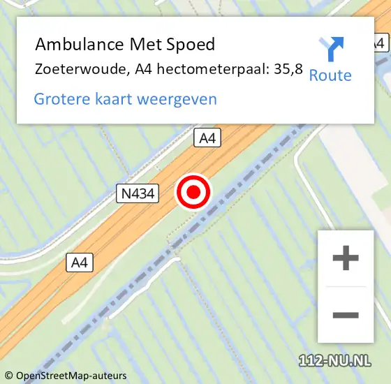 Locatie op kaart van de 112 melding: Ambulance Met Spoed Naar Zoeterwoude, A4 hectometerpaal: 35,8 op 8 juli 2021 15:24