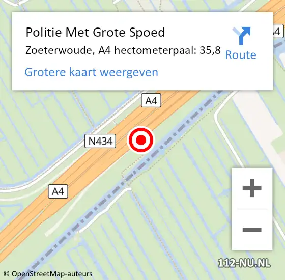 Locatie op kaart van de 112 melding: Politie Met Grote Spoed Naar Zoeterwoude, A4 hectometerpaal: 35,8 op 8 juli 2021 15:26