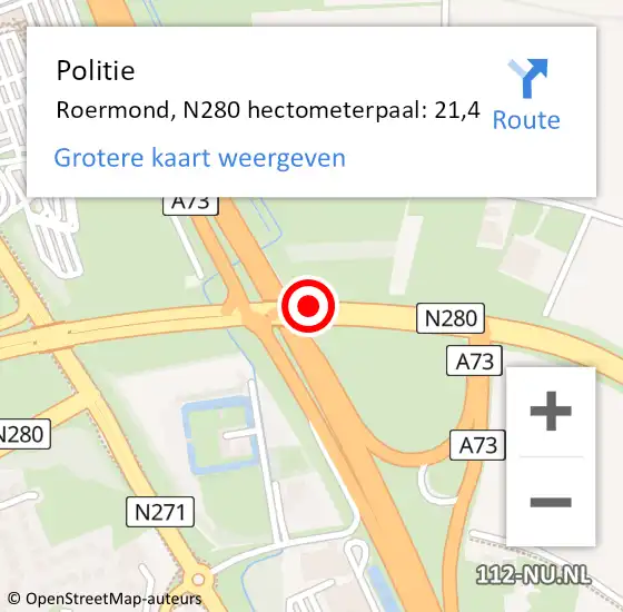 Locatie op kaart van de 112 melding: Politie Roermond, N280 hectometerpaal: 21,4 op 8 juli 2021 16:14