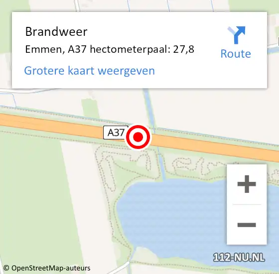 Locatie op kaart van de 112 melding: Brandweer Emmen, A37 hectometerpaal: 27,8 op 8 juli 2021 17:40