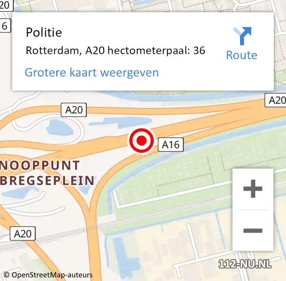 Locatie op kaart van de 112 melding: Politie Rotterdam, A20 hectometerpaal: 36 op 8 juli 2021 17:50