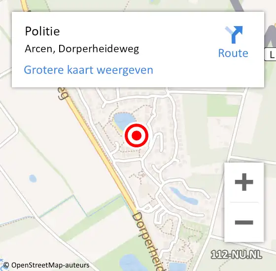 Locatie op kaart van de 112 melding: Politie Arcen, Dorperheideweg op 8 juli 2021 18:44