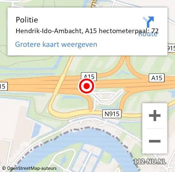 Locatie op kaart van de 112 melding: Politie Ridderkerk, A15 hectometerpaal: 72 op 8 juli 2021 19:45