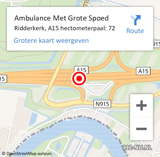 Locatie op kaart van de 112 melding: Ambulance Met Grote Spoed Naar Ridderkerk, A15 hectometerpaal: 72 op 8 juli 2021 19:46