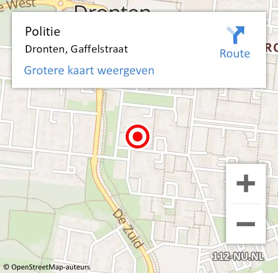 Locatie op kaart van de 112 melding: Politie Dronten, Gaffelstraat op 8 juli 2021 21:20