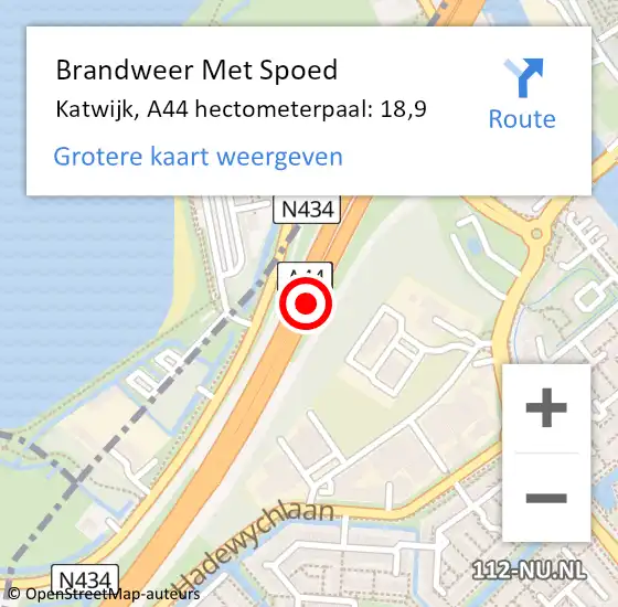 Locatie op kaart van de 112 melding: Brandweer Met Spoed Naar Katwijk, A44 hectometerpaal: 18,9 op 8 juli 2021 21:49