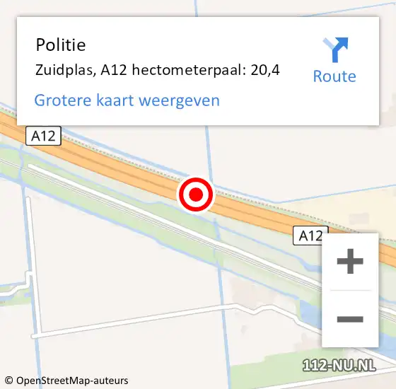 Locatie op kaart van de 112 melding: Politie Zuidplas, A12 hectometerpaal: 20,4 op 8 juli 2021 22:31