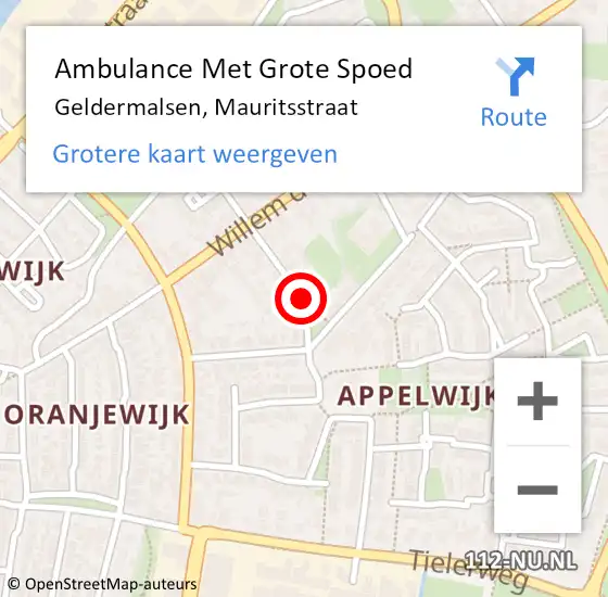 Locatie op kaart van de 112 melding: Ambulance Met Grote Spoed Naar Geldermalsen, Mauritsstraat op 15 juni 2014 21:39