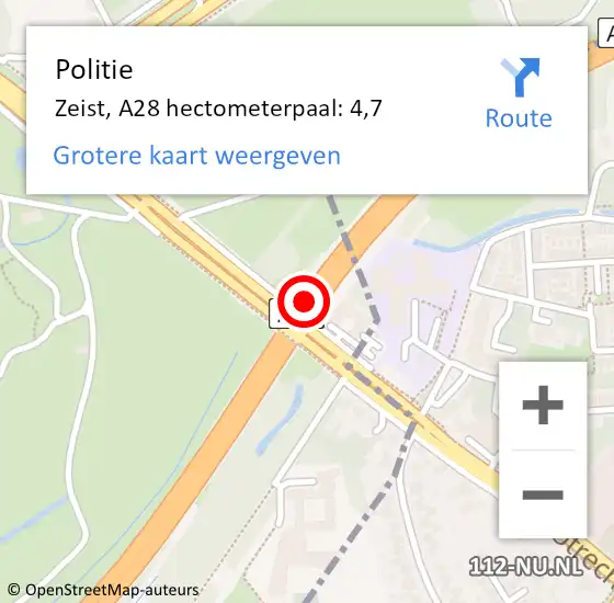 Locatie op kaart van de 112 melding: Politie Zeist, A28 hectometerpaal: 4,7 op 9 juli 2021 04:30